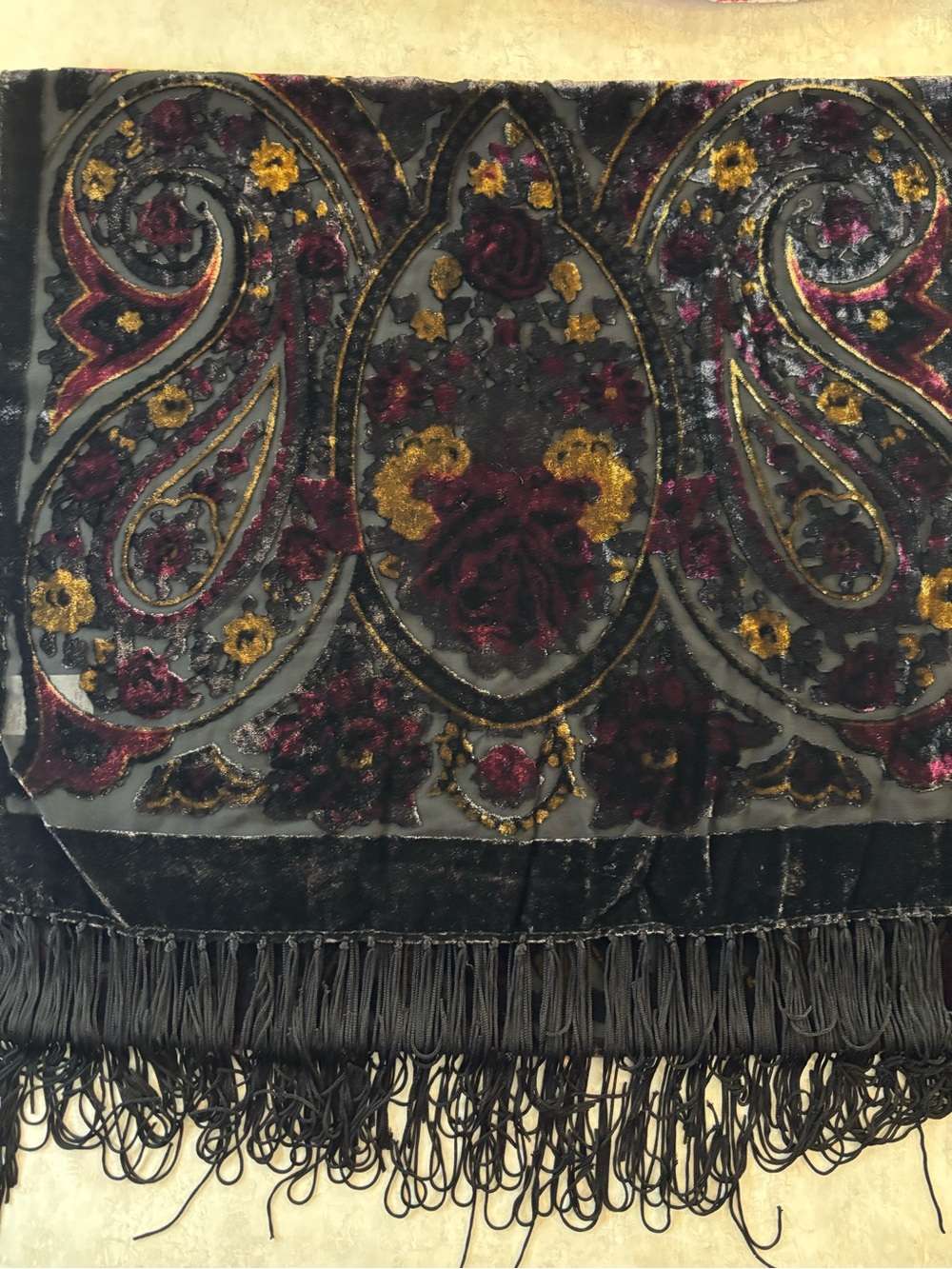 Vintage-Inspired Black Velvet Fringe shawl with Wine and Gold Floral Pattern